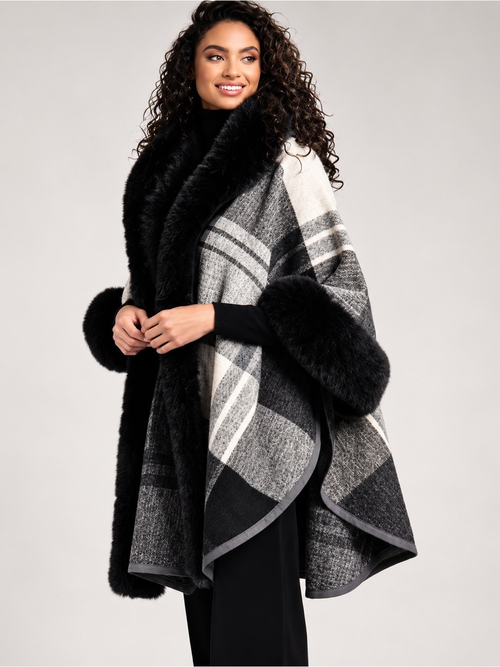 Faux Fur Plaid Kimono by Saachi